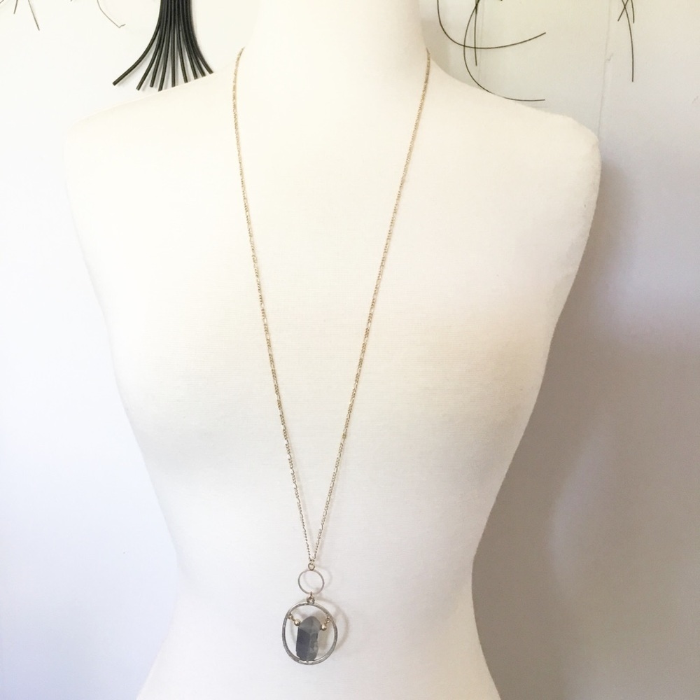 Anthropologie Gold Toned Long Iridescent Stoned Necklace